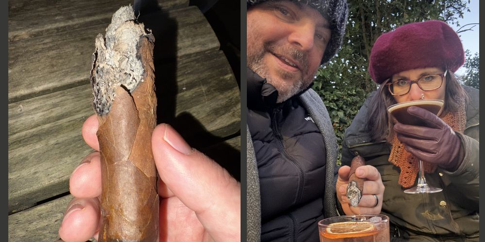 You Lit It Incorrectly - My badly lit cigar - trying to enjoy it with my wife, outside of a pub on a winters day.